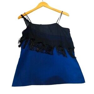 Vena Cava Size M Fringe Ruffle Camis Tank‎ Silk Black Blue Burlesque Feminine
